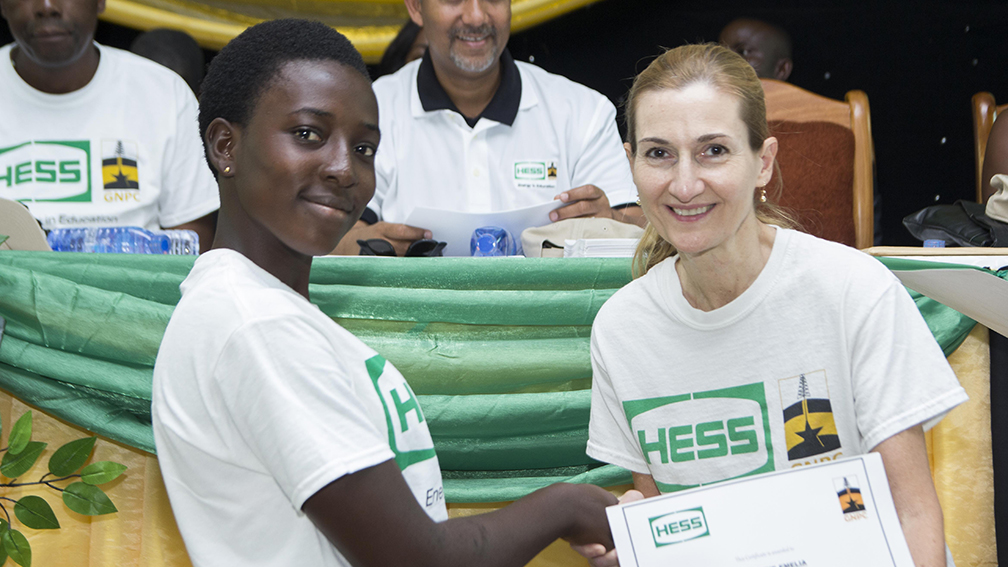 Sandra Gentile, General Manager, Hess Ghana Exploration Limited, with one of this year&#39;s 125 scholarship recipients